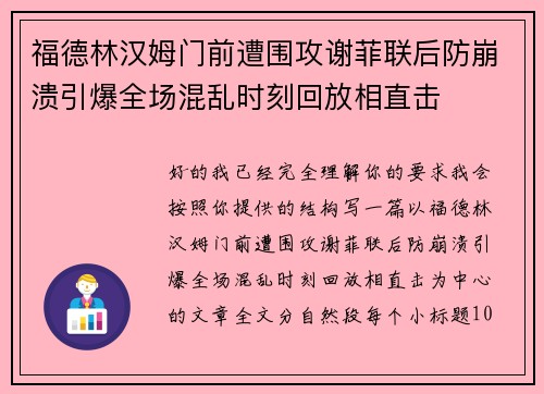 福德林汉姆门前遭围攻谢菲联后防崩溃引爆全场混乱时刻回放相直击
