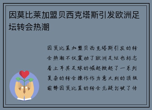 因莫比莱加盟贝西克塔斯引发欧洲足坛转会热潮 因莫比莱加盟贝西克塔斯引发欧洲足坛转会热潮